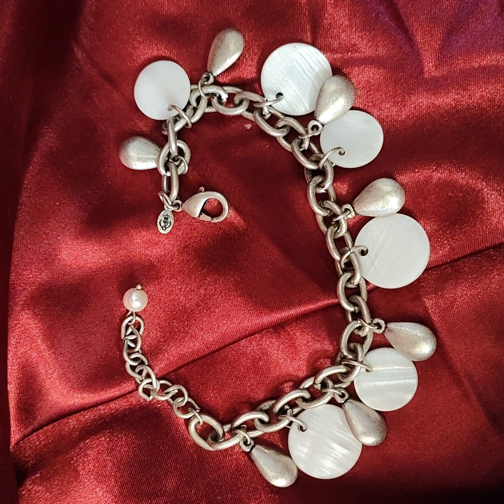 Vintage Premier Design Silver Tone And Mother Of Pearl Charm Bracelet.